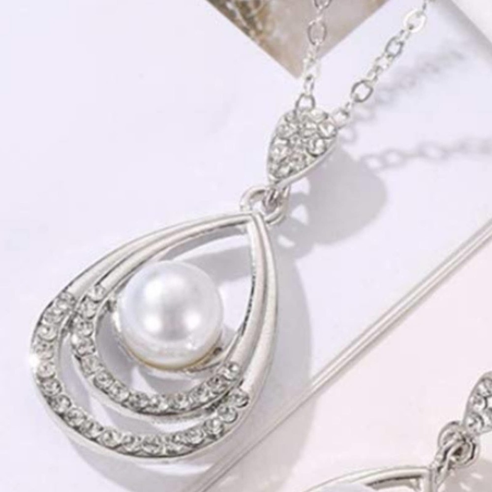 Pearl Necklace Teardrop Zirconia Rhinestone Drop Earrings Necklace Jewelry Sets - Picture 2 of 14